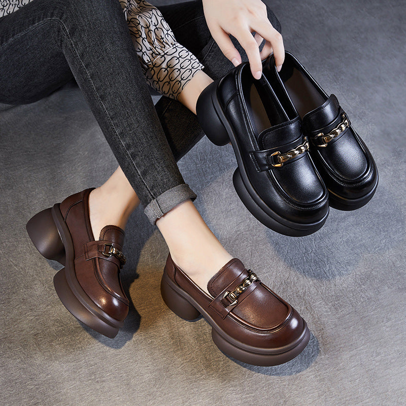 Women Retro Chain Leather Chunky Platform Loafers-RAIIFY