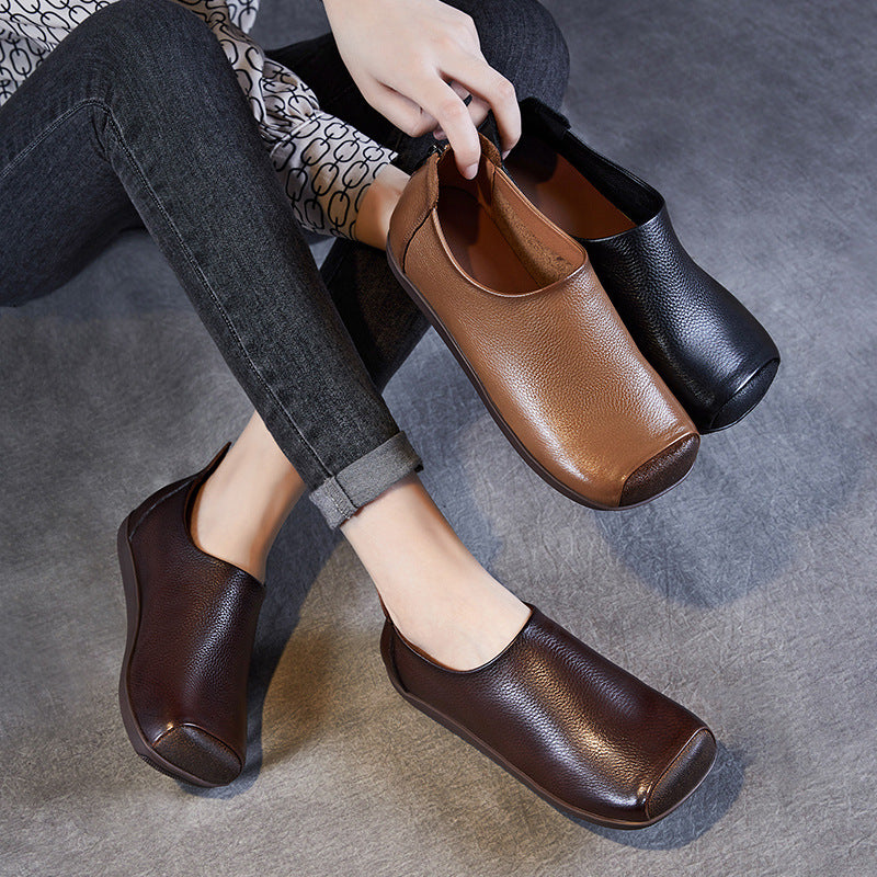 Women Retro Back Zipper Closure Soft Leather Shoes-RAIIFY