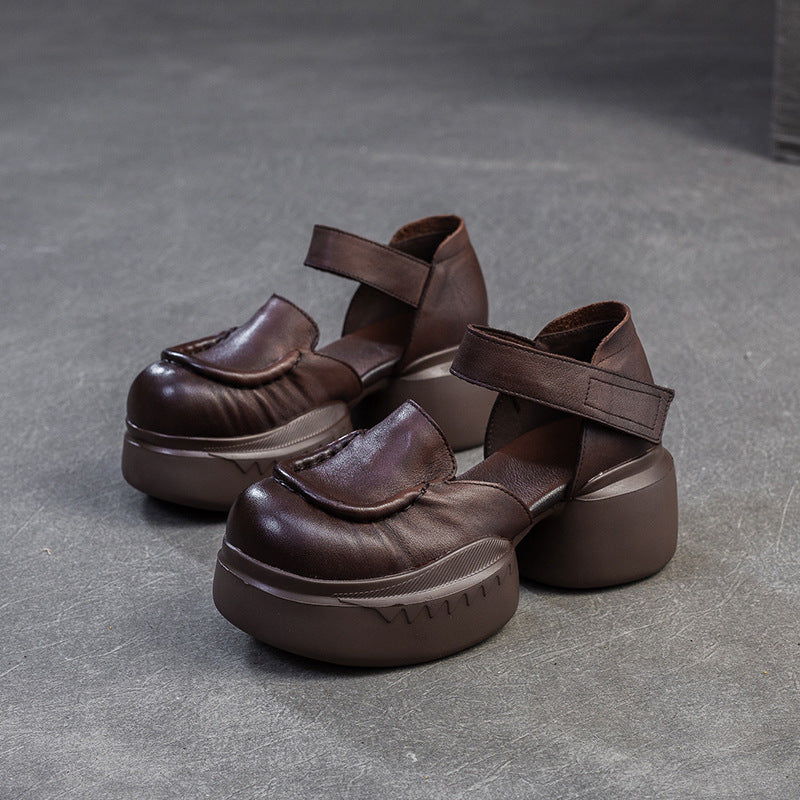Women Retro Plain Leather Round Head Chunky Platform Sandals-RAIIFY