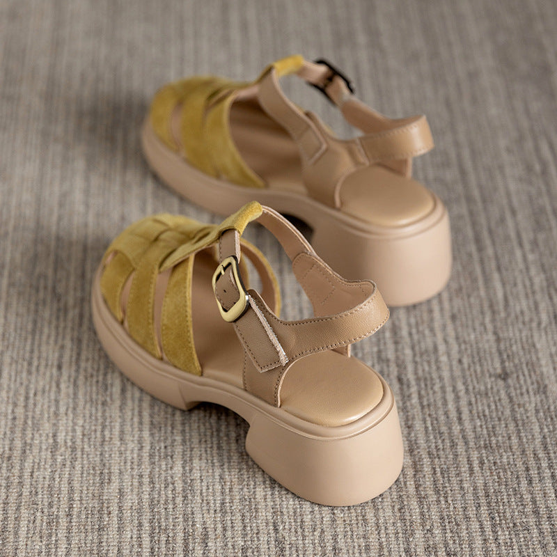 Women's Plaited Solid Leather Summer Casual Sandals-RAIIFY