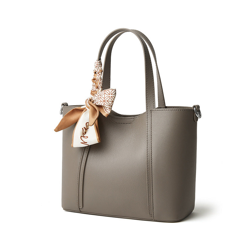 Women’s Elegant Plain Leather Silk Scarf Tote Bag-RAIIFY
