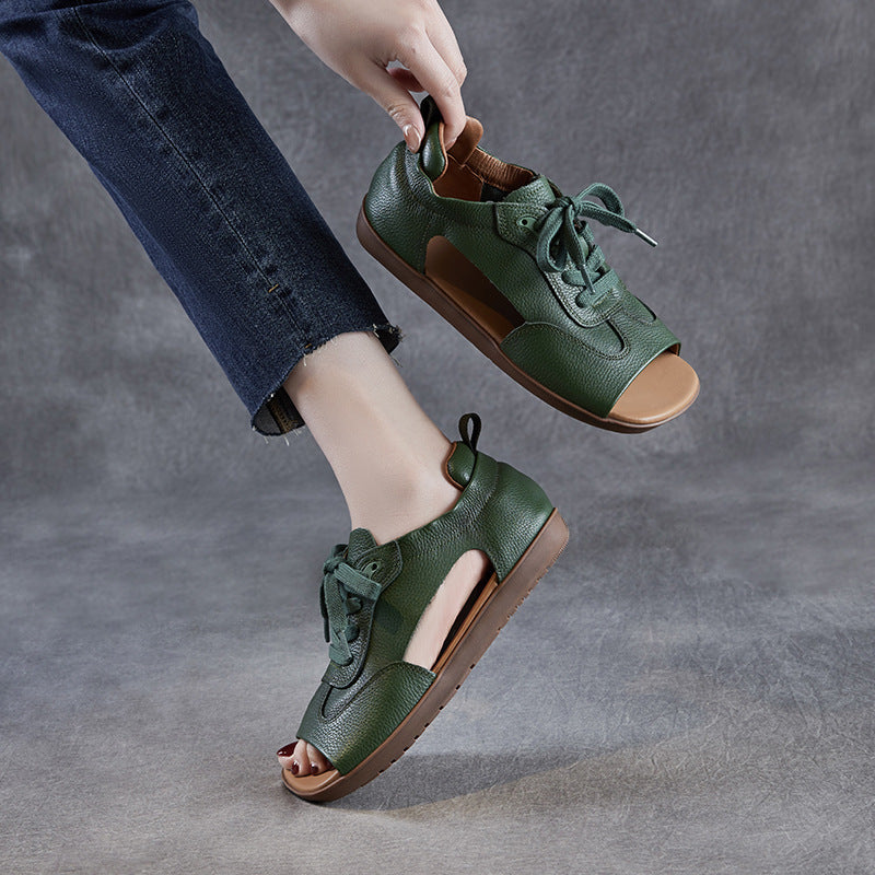 Women's Genuine Leather Retro Soft Sole Lace Up Sandals-RAIIFY