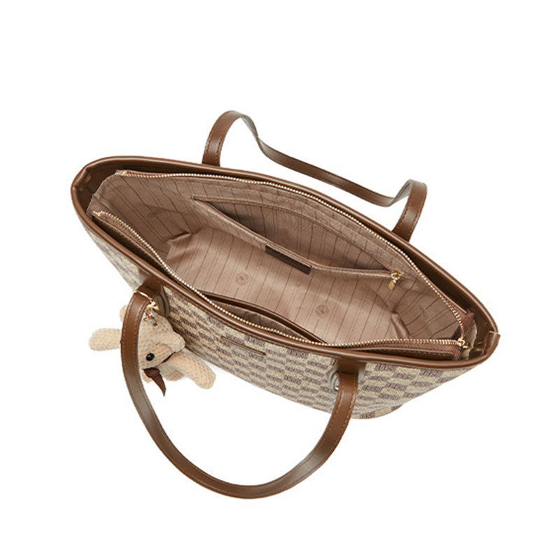 Women's Stylish Checkered Tote Bag with Bear Charm-RAIIFY