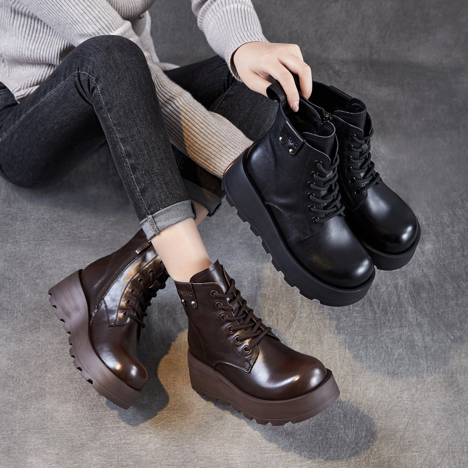 Women's Vintage Plain Leather Platform Boots-RAIIFY