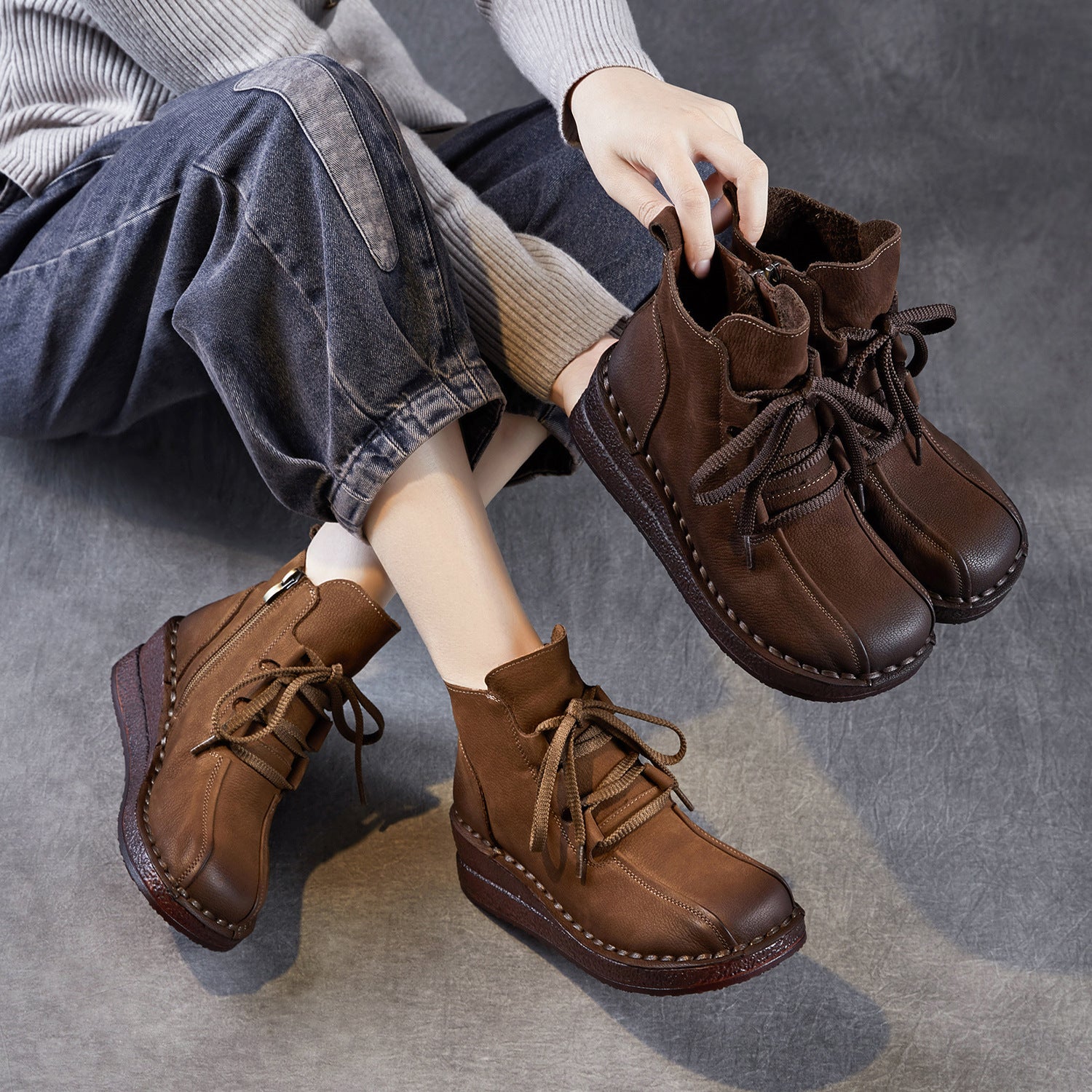Women's Retro Plain Leather Wedge Ankle Boots-RAIIFY