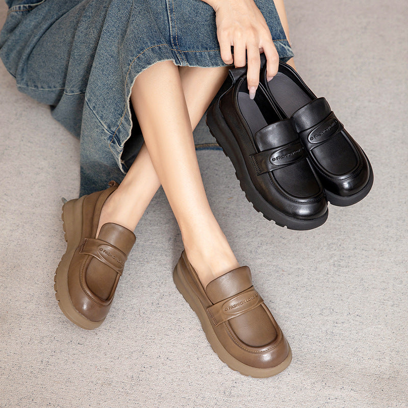 Women Retro Solid Leather Soft Casual Loafers-RAIIFY