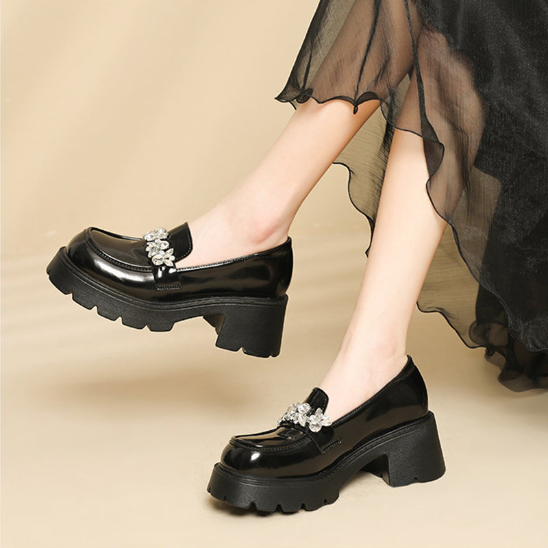Women Casual Leather Crystal Chunky Heel Loafers-RAIIFY