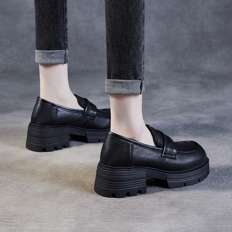Women Minimalist Comfort Leather Platform Black Loafers-RAIIFY