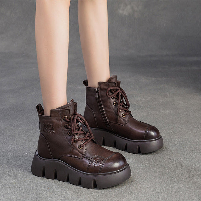Women's Retro Plain leather Platform Furred Snow Boots-RAIIFY