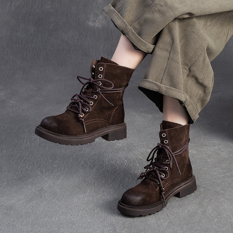 Women's Vintage Plain Leather Casual Lace-up Boots-RAIIFY