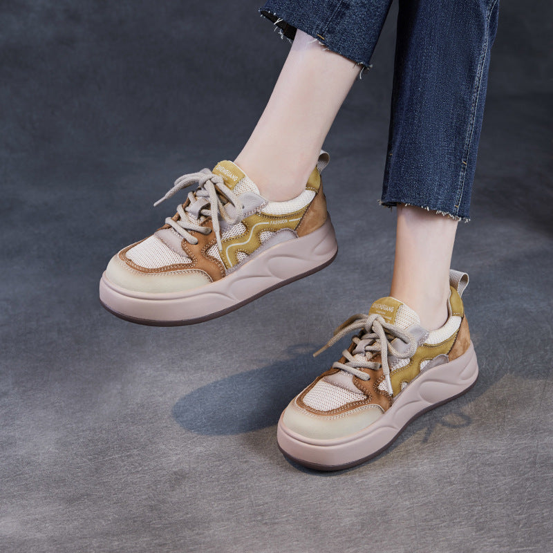 Women Fashion Patchwork Leather Mesh Flat Sneakers-RAIIFY