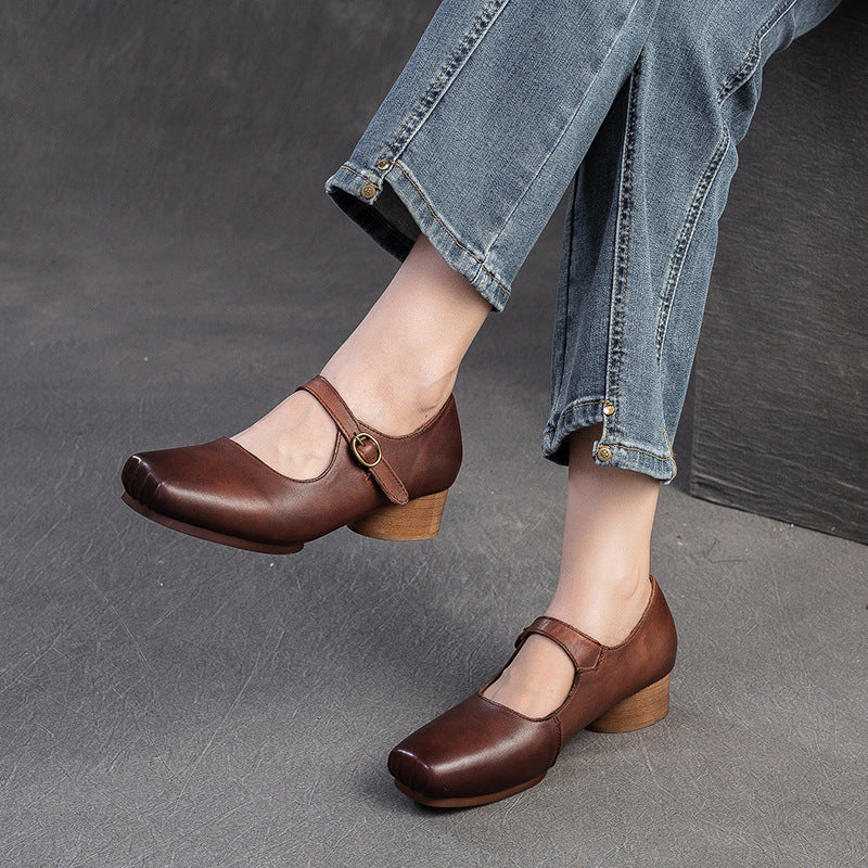 Women Retro Leather Buckle Low Block Casual Shoes-RAIIFY