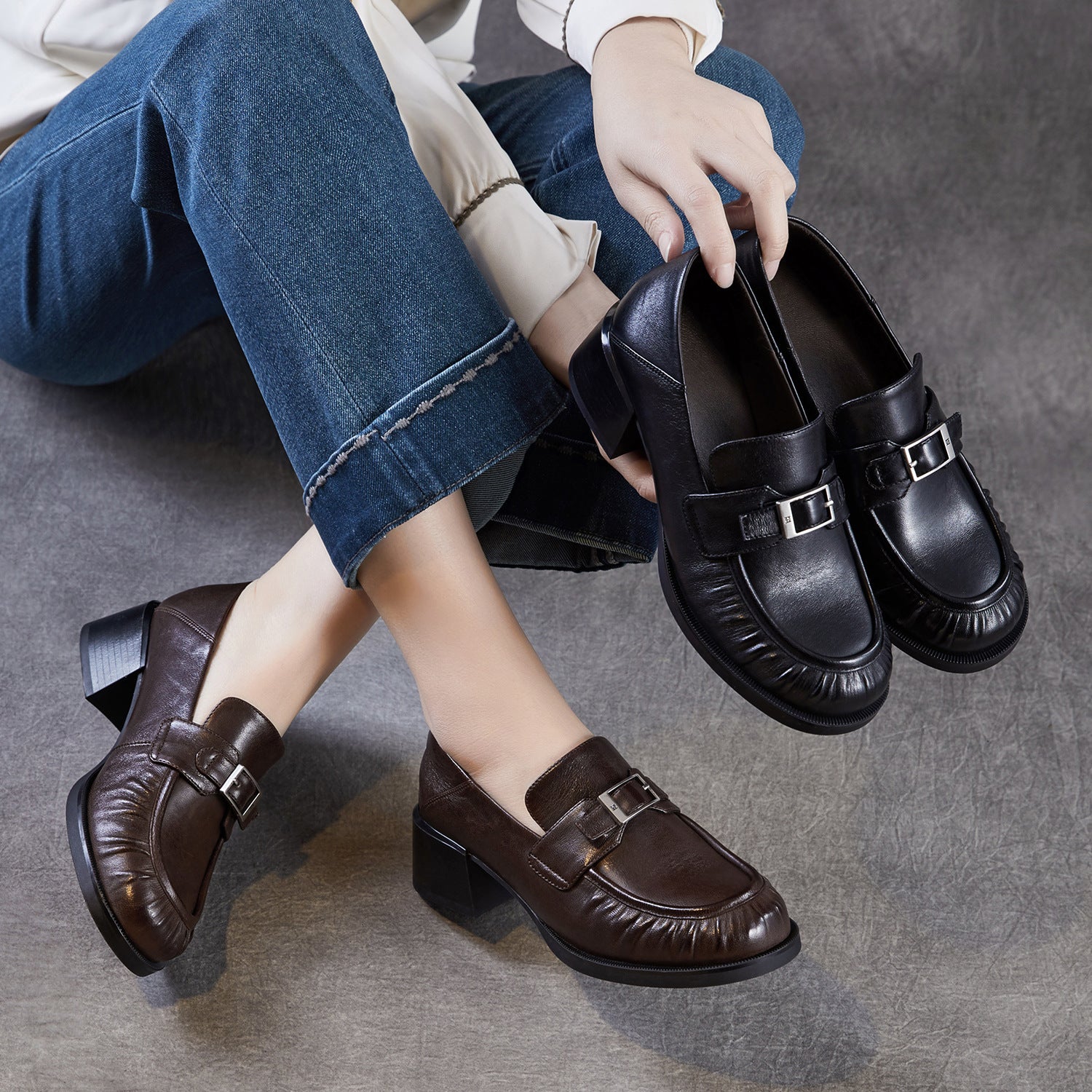 Women's Vintage Pleated Leather Chunky Heel Loafers-RAIIFY