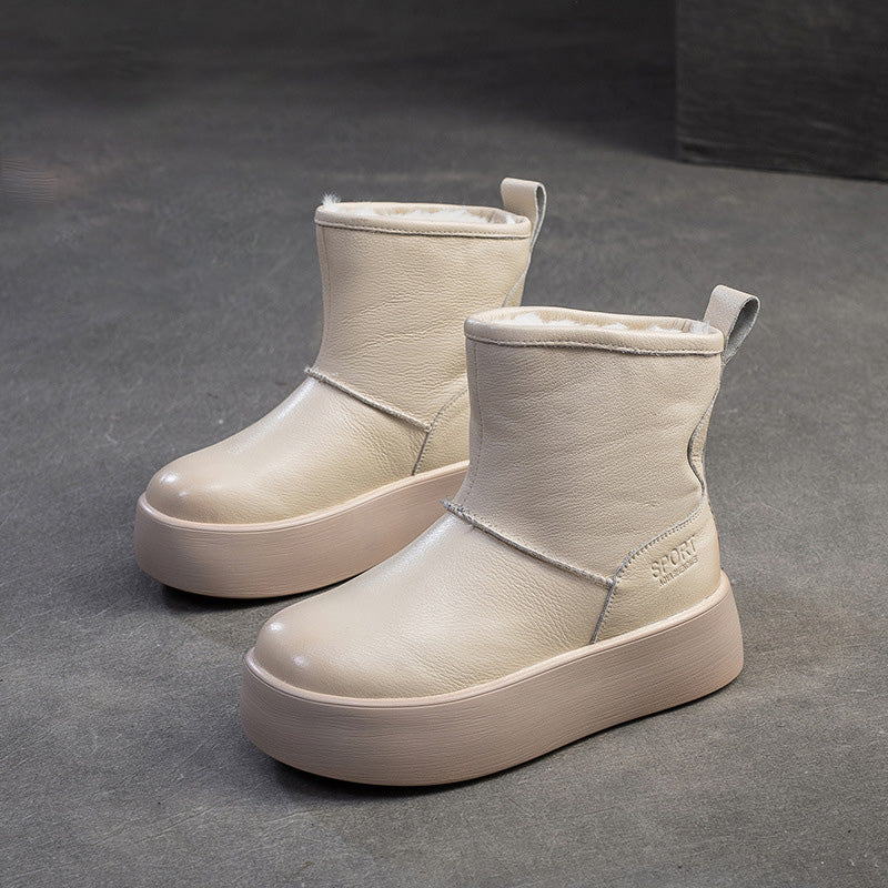 Women's Plain Quilted Leather Fleece Snow Boots