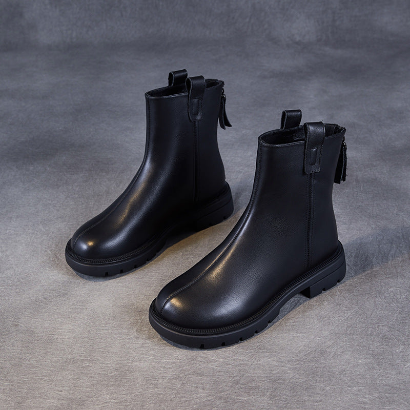 Women's Minimalist Plain Leather Furred Ankle Boots-RAIIFY