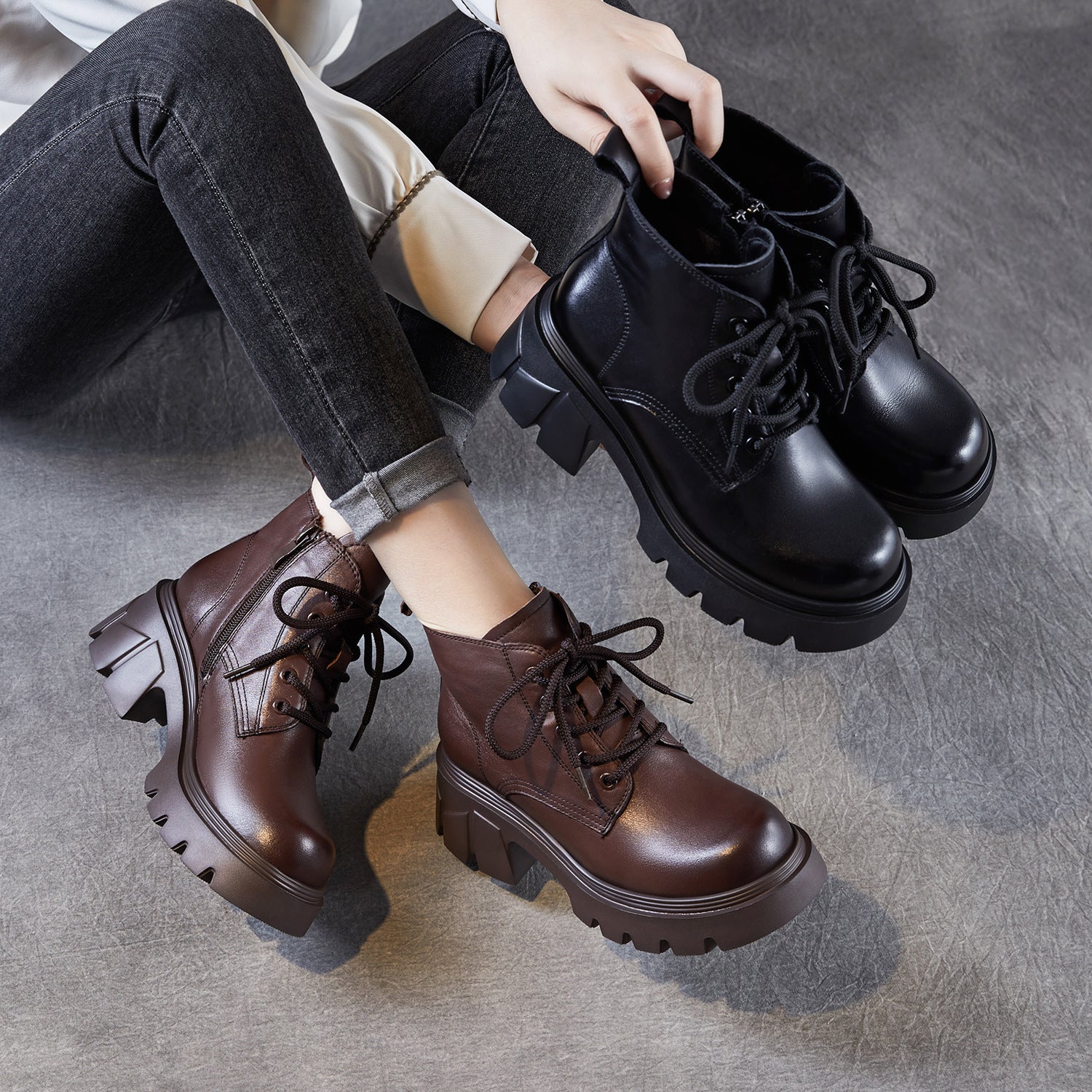 Women's Cowhide Leather Chunky Heel Ankle Boots-RAIIFY