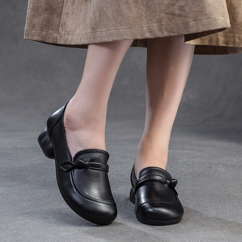 Women's Retro Plain Leather Chunky Heel Loafers-RAIIFY