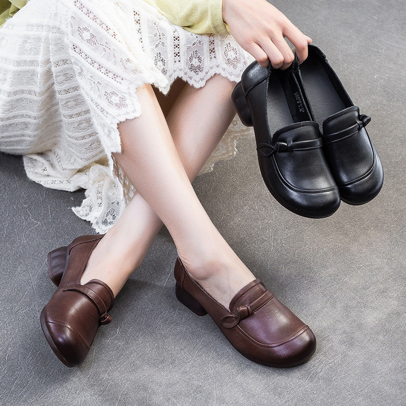 Women's Retro Plain Leather Chunky Heel Loafers-RAIIFY