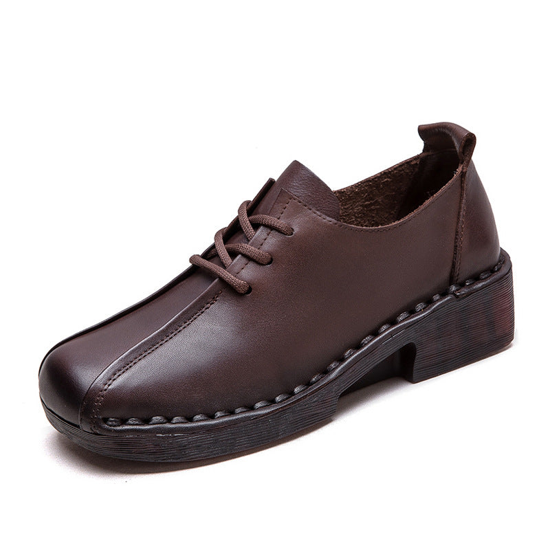 Women Retro Leather Low Block Casual Shoes-RAIIFY
