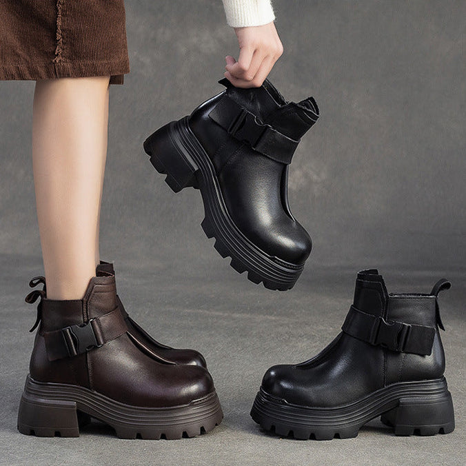 Women's Minimalist Plain Leather Buckle Furred Snow Boots-RAIIFY