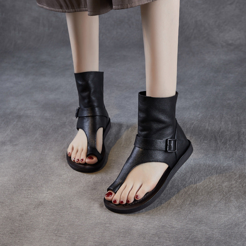 Women Retro Plain Leather High Top Flip-Flops Sandals-RAIIFY
