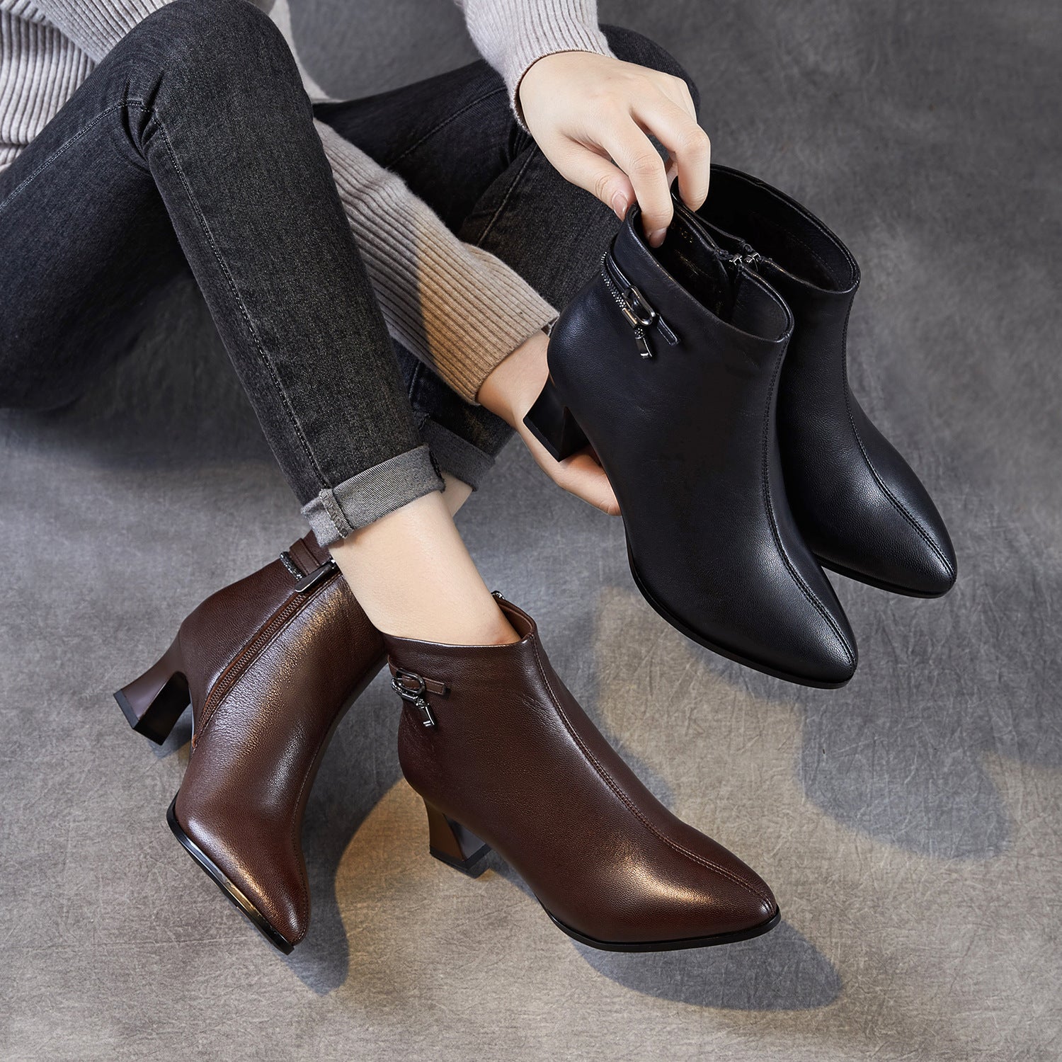 Women's Leather Pointed-toe High Heel Ankle Boots-RAIIFY