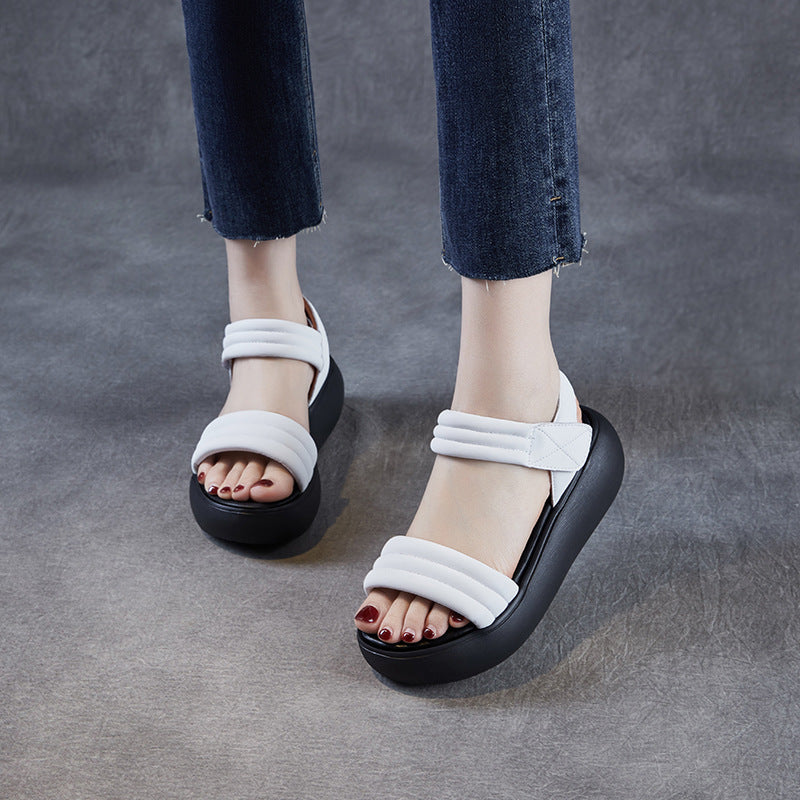 Women Minimalism Plain Leather Velcro Platform Sandals-RAIIFY