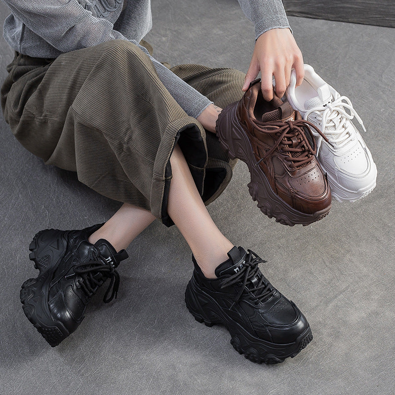 Women's Plain Leather Chunky Platform Sneakers-RAIIFY