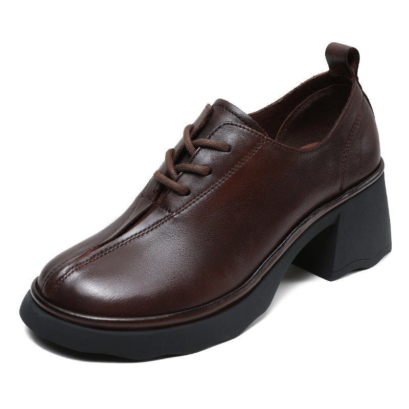 Women Retro Leather Chunky Heel Casual Shoes-RAIIFY