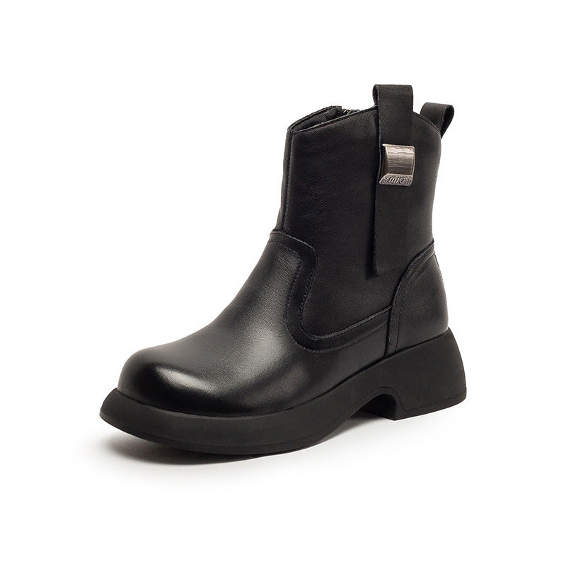 Women's Minimalist Plain Leather Woolen Ankle Boots