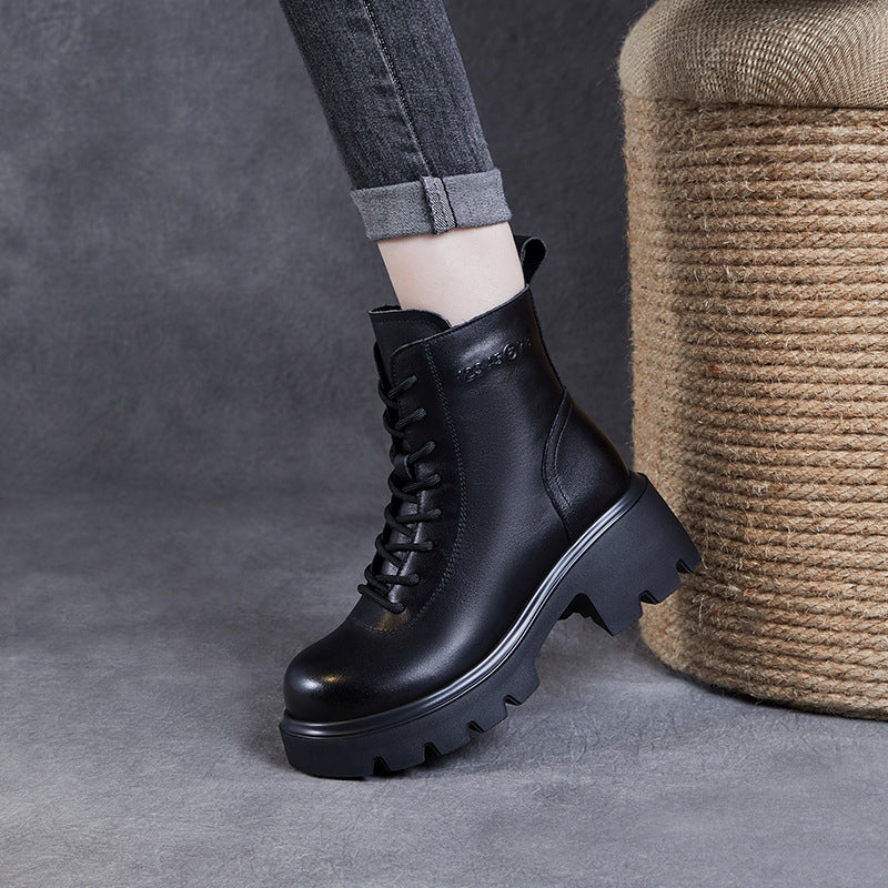Women Vintage Solid Leather Thick Soled Boots-RAIIFY