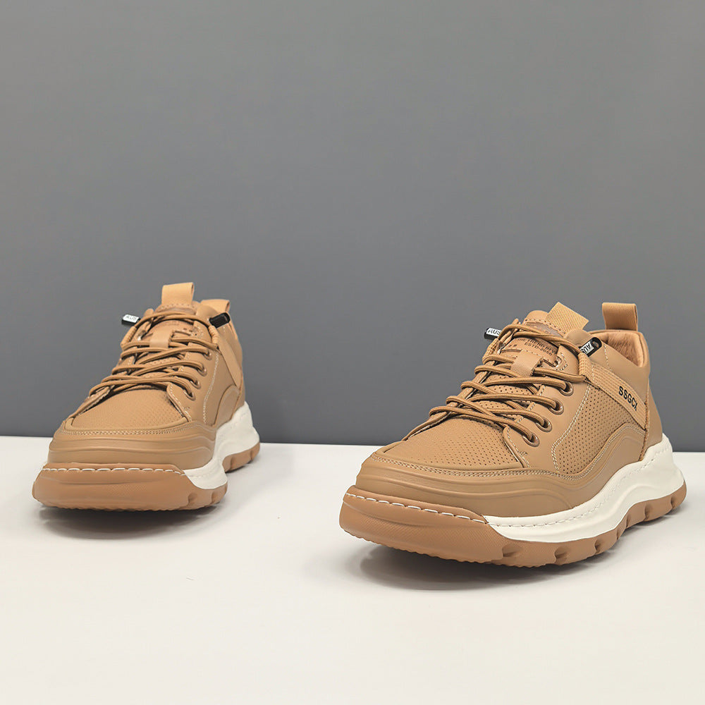 Men Fashion Breathable Plain Leather Elastic Lace Casual Shoes-RAIIFY