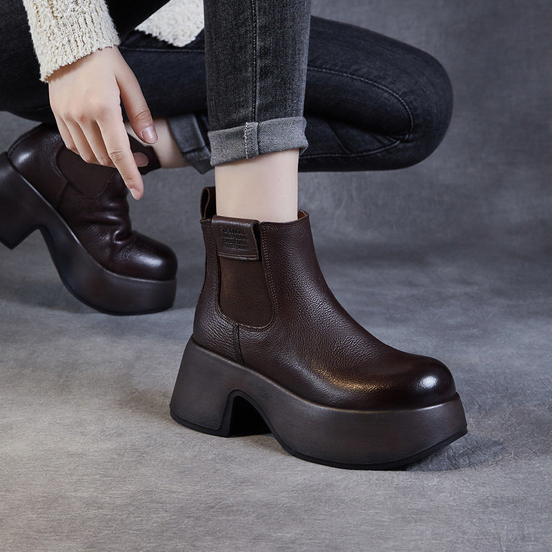 Women Vintage Solid Leather Minimalism Platform Boots-RAIIFY