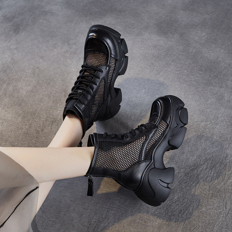 Women Casual Plain Hollow Mesh Leather Platform Boots-RAIIFY