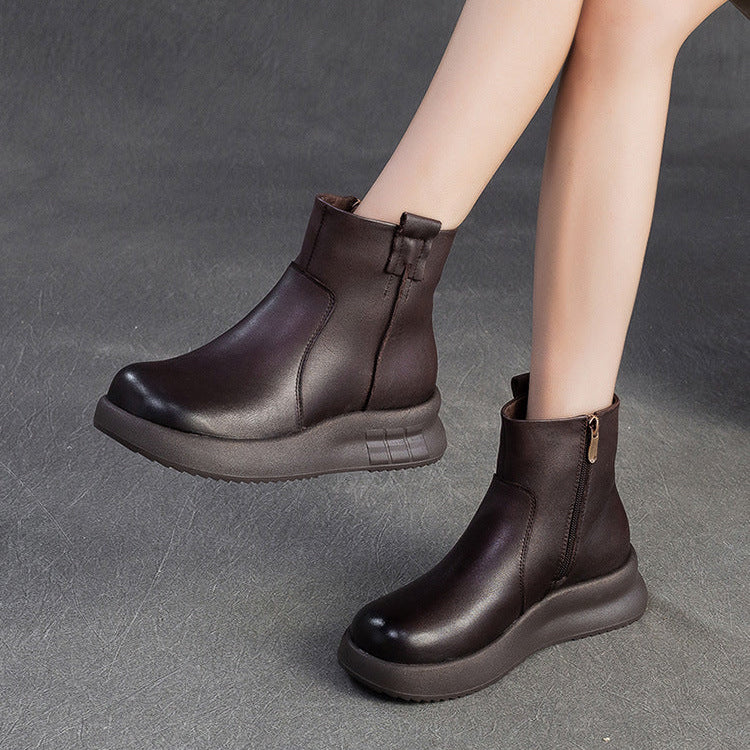 Women's Minimalist Plain Leather Furred Ankle Snow Boots-RAIIFY