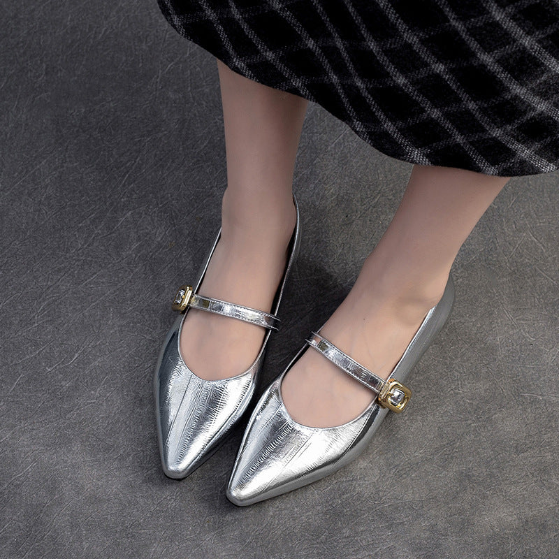 Women's Minimalism Plain Leather Low Top Pointed Toe Flat-RAIIFY