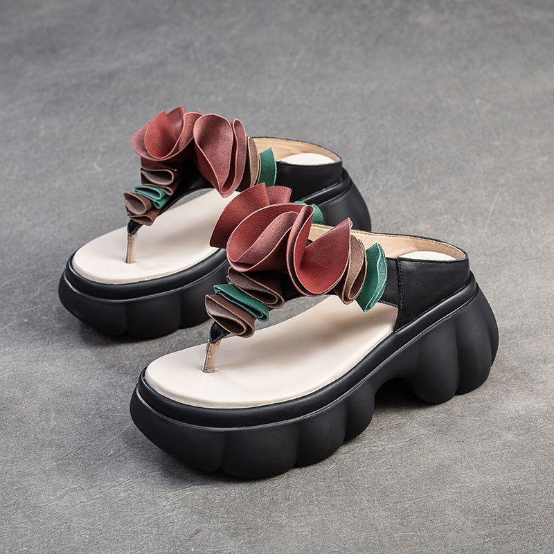 Women Summer Casual Leather Platform Slide Sandals-RAIIFY