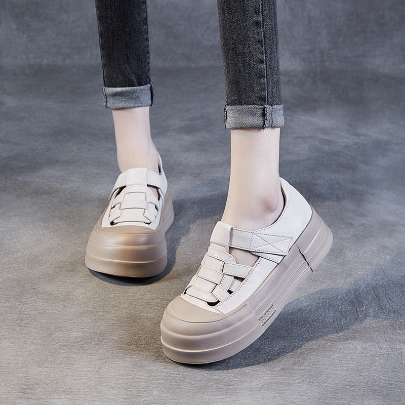 Women Casual Plaited Leather Flat Platform Sandals-RAIIFY