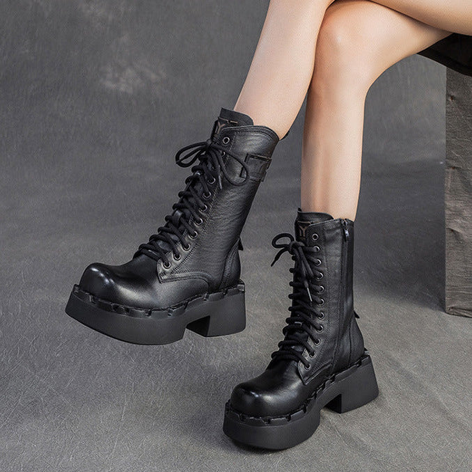 Women's Vintage Leather Platform Mid-Calf Boots-RAIIFY