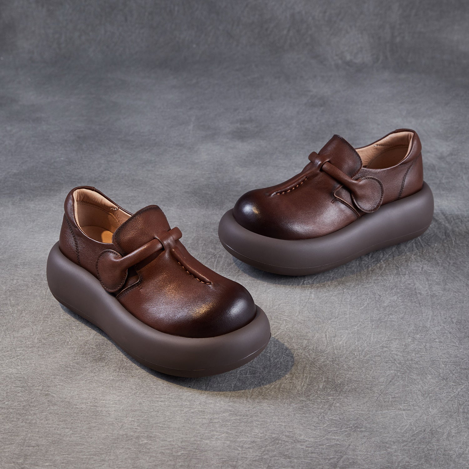 Women Retro Leather Chunky Platform Casual Shoes-RAIIFY