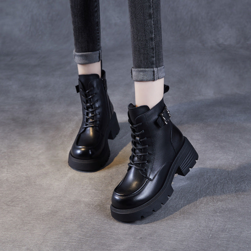 Women's Vintage Buckle Leather Platform Boots-RAIIFY