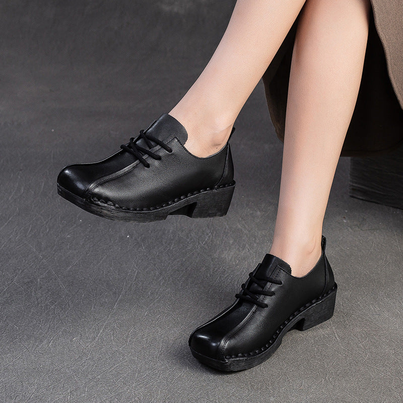 Women Retro Leather Low Block Casual Shoes-RAIIFY