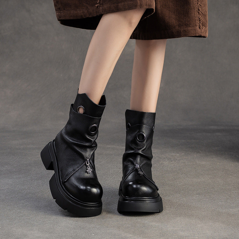 Women's Minimalist Leather Retro Casual Motorcycle Boots-RAIIFY