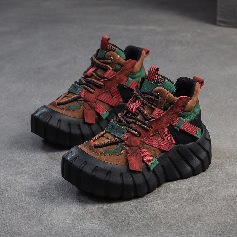 Women Color Matching Leather High-Top Platform Casual Shoes-RAIIFY