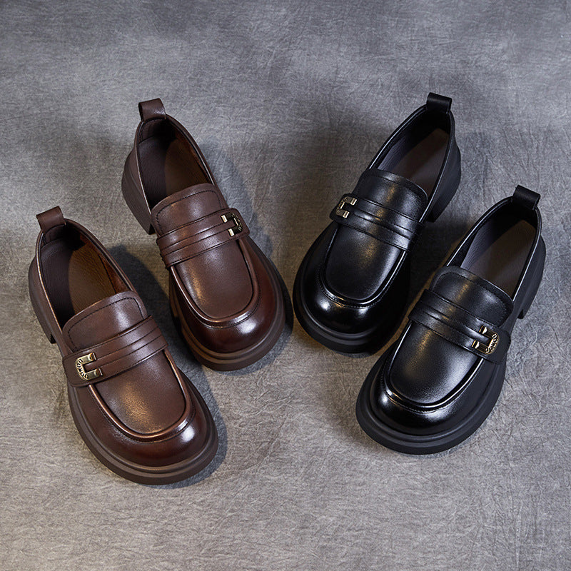 Women Retro Leather Low Block Classic Loafers-RAIIFY