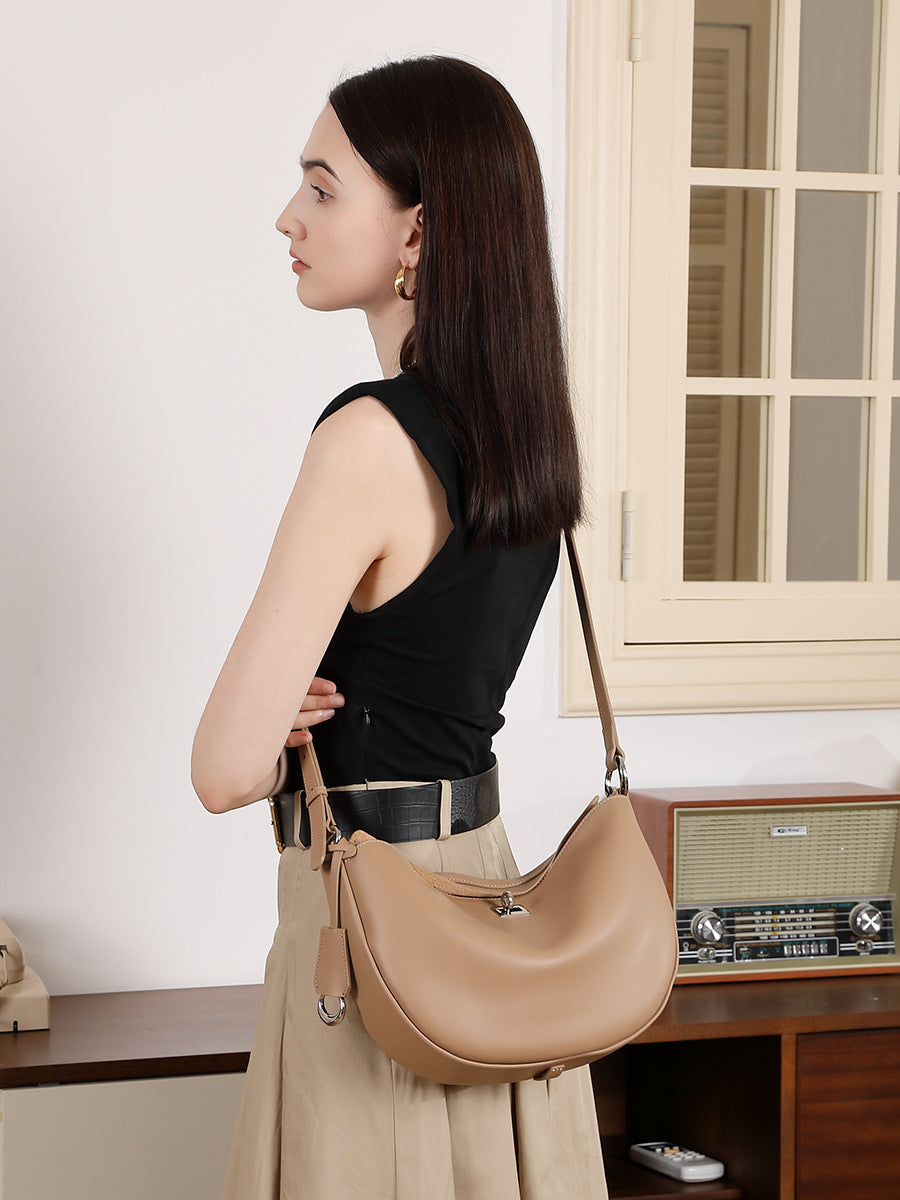 Women's Fashion Soft Plain Leather Crescent Shoulder Bag-RAIIFY