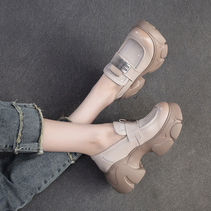 Women Hollow Mesh Leather Chunky Platform Loafers-RAIIFY