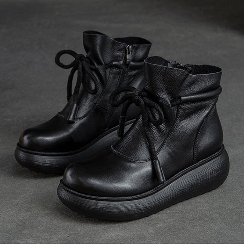 Women Retro Leather Minimalist Chunky Platform Boots-RAIIFY