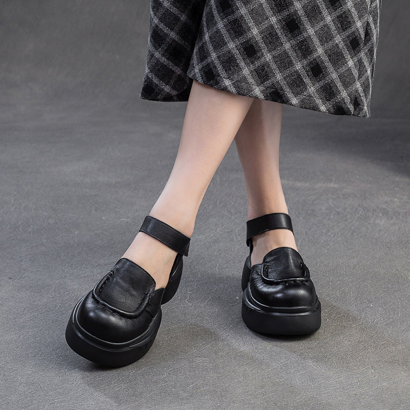 Women Retro Plain Leather Round Head Chunky Platform Sandals-RAIIFY