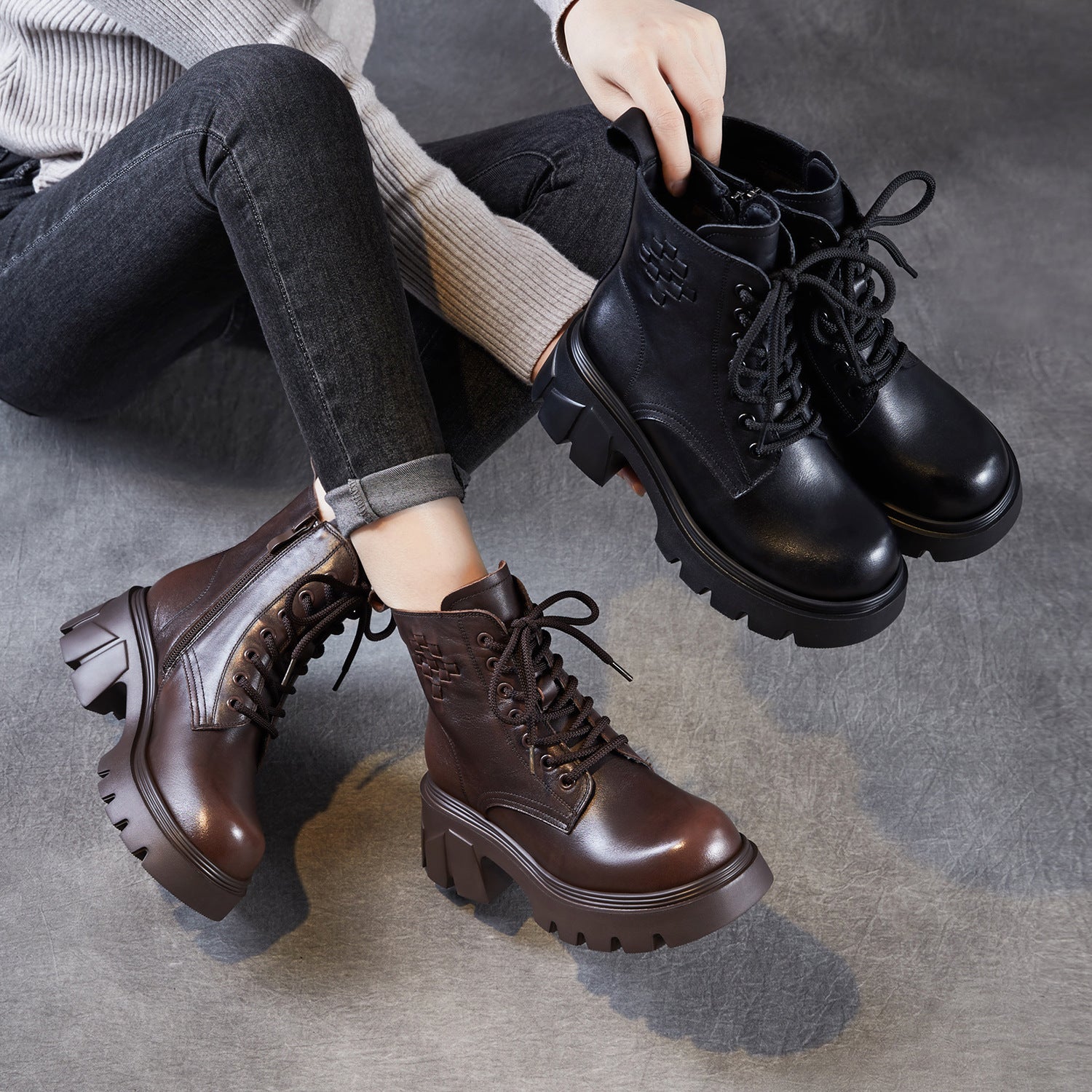 Women's Plain Embossed Leather Chunky Platform Boots-RAIIFY
